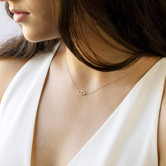 Evil Eye Necklace for Women 18k Gold Plated Textured Disk Necklace - Picture 4 of 6